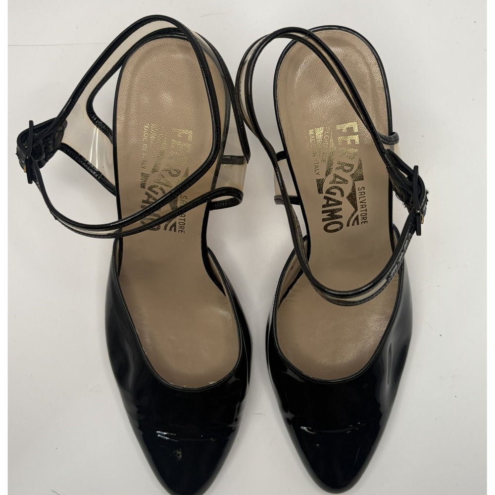 Salvatore Ferragamo Black Patent Leather PVC Ankle Strap Pumps Heels 7.5 B Italy
